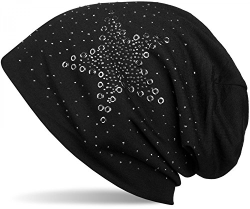 51ZjG2mGVKL.jpg styleBREAKER Gorro Beanie con Remaches Estrella y Aplicaciones de Diamantes de imitación Perforado Remaches Unisex 04024049 Negro