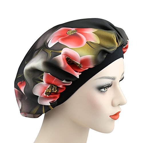 51ZsuLbigcL.jpg Alnorm Gorra Durmiente con Estilo de Las Mujeres Capo de satén Sedoso de Doble Capa Rojo floral
