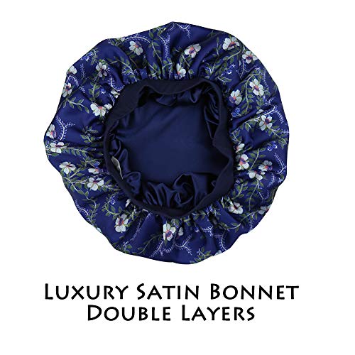 51ftGaOsRkL.jpg Alnorm Gorra Durmiente con Estilo de Las Mujeres Capo de satén Sedoso de Doble Capa Azul marino floral