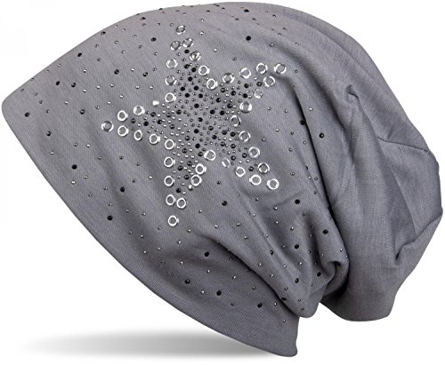 51knkkprScL.jpg styleBREAKER Gorro Beanie con Remaches Estrella y Aplicaciones de Diamantes de imitación Perforado Remaches Unisex 04024049 Gris