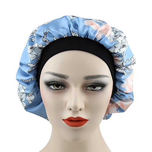 51qbTak9mXL.jpg Alnorm Gorra Durmiente con Estilo de Las Mujeres Capo de satén Sedoso de Doble Capa Floral azul