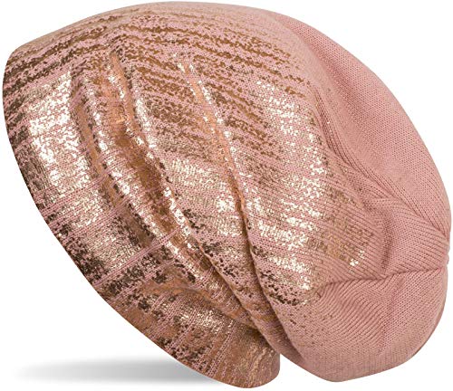 51yHwC27M4L.jpg styleBREAKER cálido Gorro Beanie de Punto Fino con Estampado metálico y Relleno Interior Polar Slouch Beanie Largo Unisex 04024132 Rosa palo / oro rosa