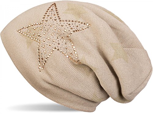 51yPwRJDN3L.jpg styleBREAKER Gorro Beanie de Punto cálido con Motivo de Estrellas Estrellas de Strass y Relleno Interior Muy Suave Unisex 04024084 Beige