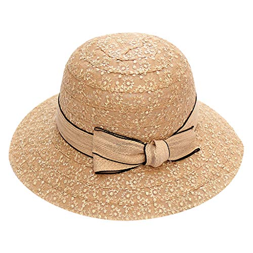 51z2BrzvHXlL.jpg Elegante Señoras Panama Sombrero Verano Doble Cara Plegable Ajustable con Flor Banda Playa Sol Screen Sombrero Flor Impresión Fiesta Boda Sombrero Flexible Plegable Encaje Playa Sombrero Caqui