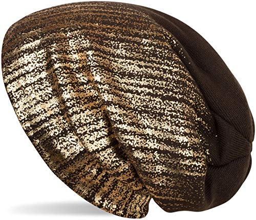 61sPMOvIwqL.jpg styleBREAKER cálido Gorro Beanie de Punto Fino con Estampado metálico y Relleno Interior Polar Slouch Beanie Largo Unisex 04024132 Marrón oscuro / Dorado