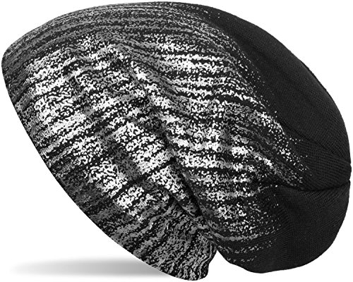61zJ8TURnAL.jpg styleBREAKER cálido Gorro Beanie de Punto Fino con Estampado metálico y Relleno Interior Polar Slouch Beanie Largo Unisex 04024132 Negro / Plata